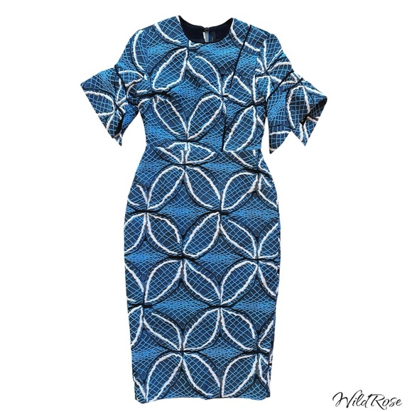 ROLAND MOURET “BANCROFT” BLUE GEOMETRIC PRINT EMBROIDERED MIDI PENCIL DRESS SZ 6 - Picture 3 of 15